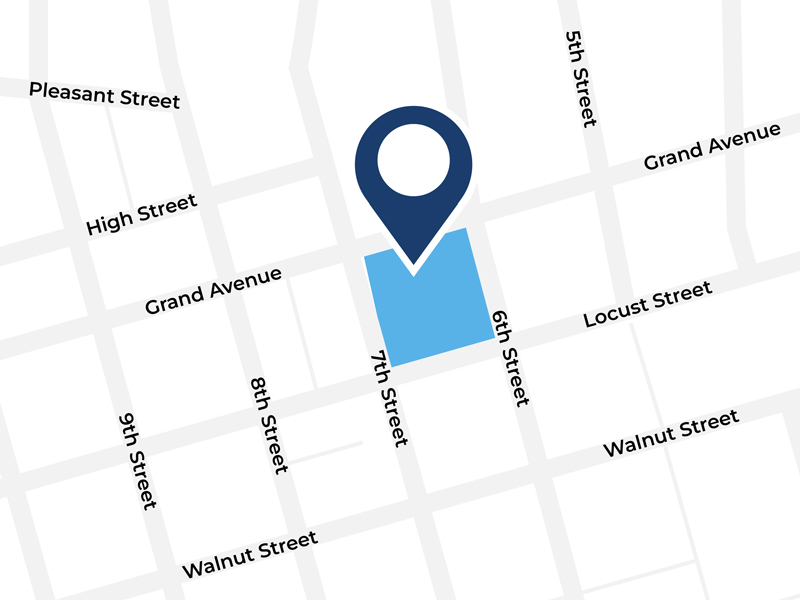 A map shows where the Ruan Center is located in downtown Des Moines, Iowa on the block between 6th and 7th streets and Locust Street and Grand Avenue